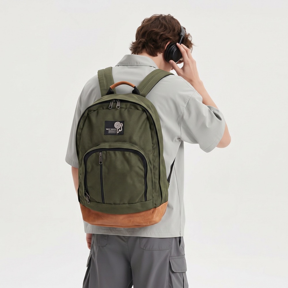 West Ridge Designs Leather Bottom Backpack Olive Green Canvas Granola Gorpcore